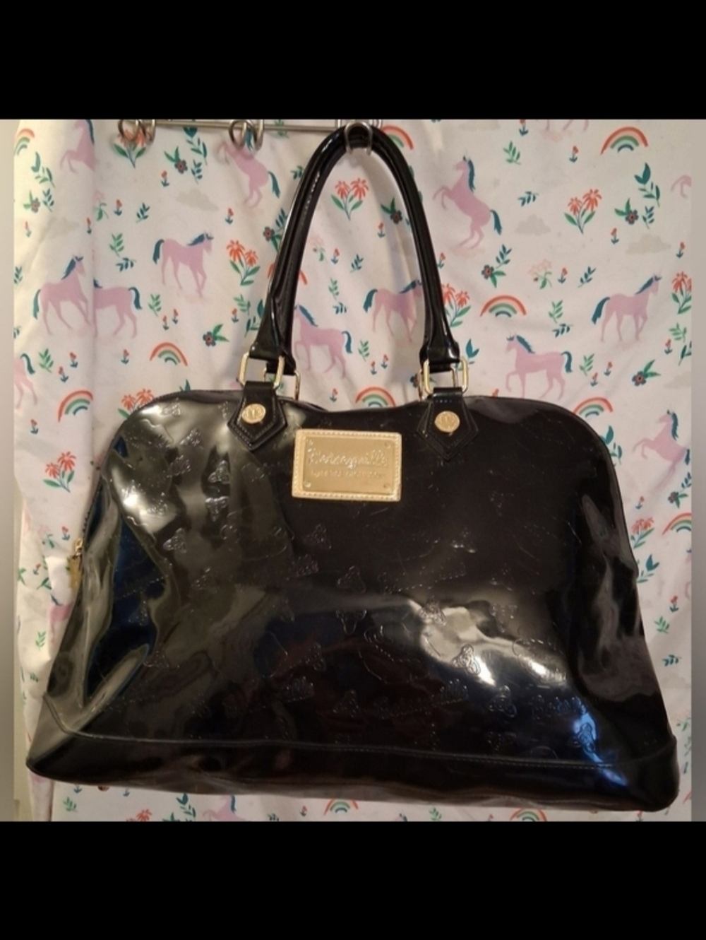 EUC Vintage Betsey Johnson Betseyville Weekender Black Patent Travel Tote Purse